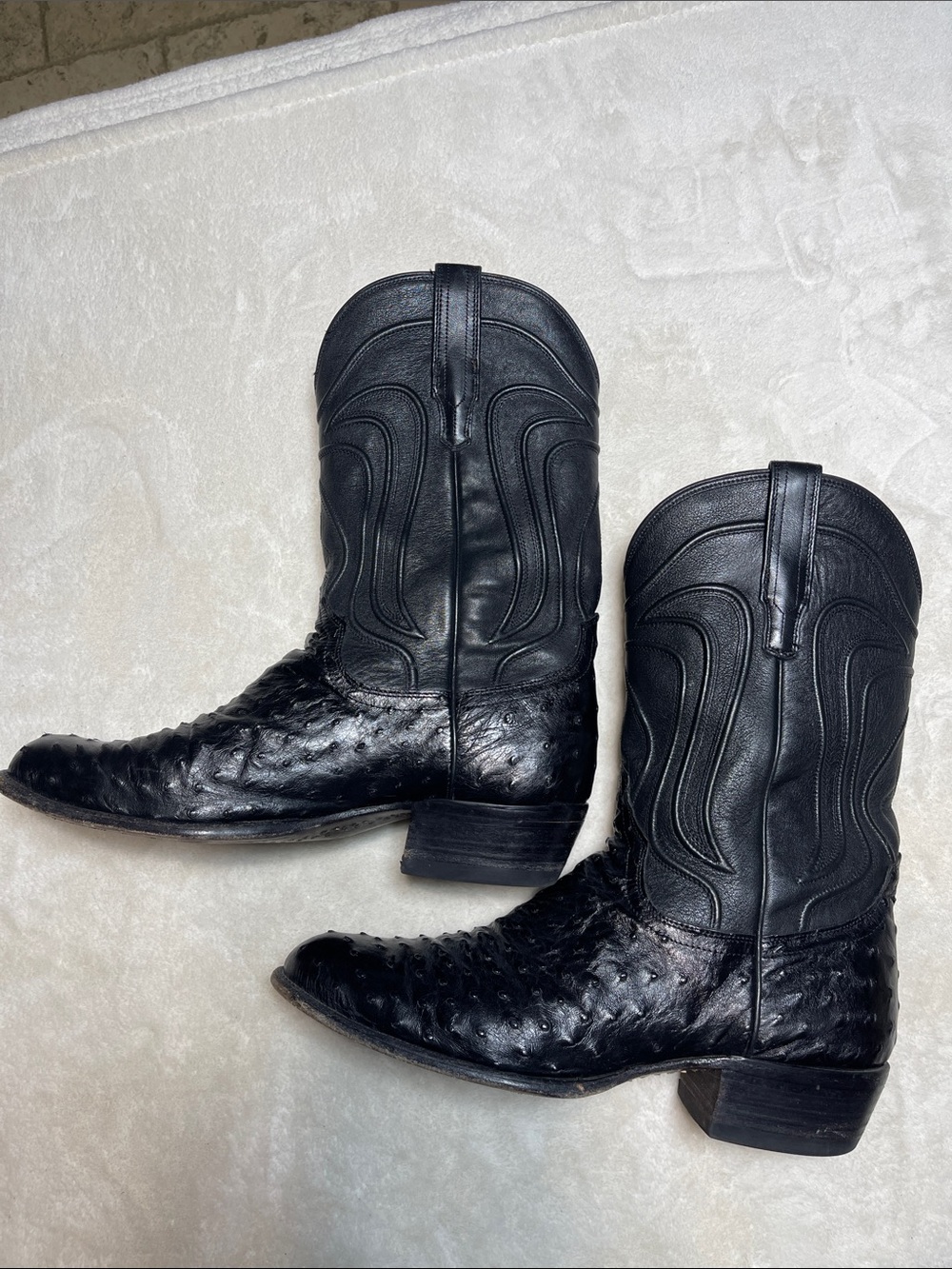 Tecovas Black Ostritch Exotic Leather Cowboy Boots Size 12 EE Mens